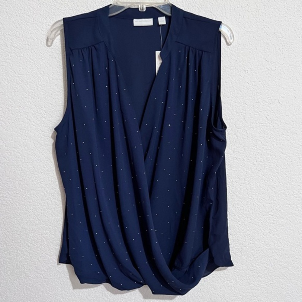 New York & Co. Navy Micro Rhinestones Cross Front Sleeveless Blouse New Large